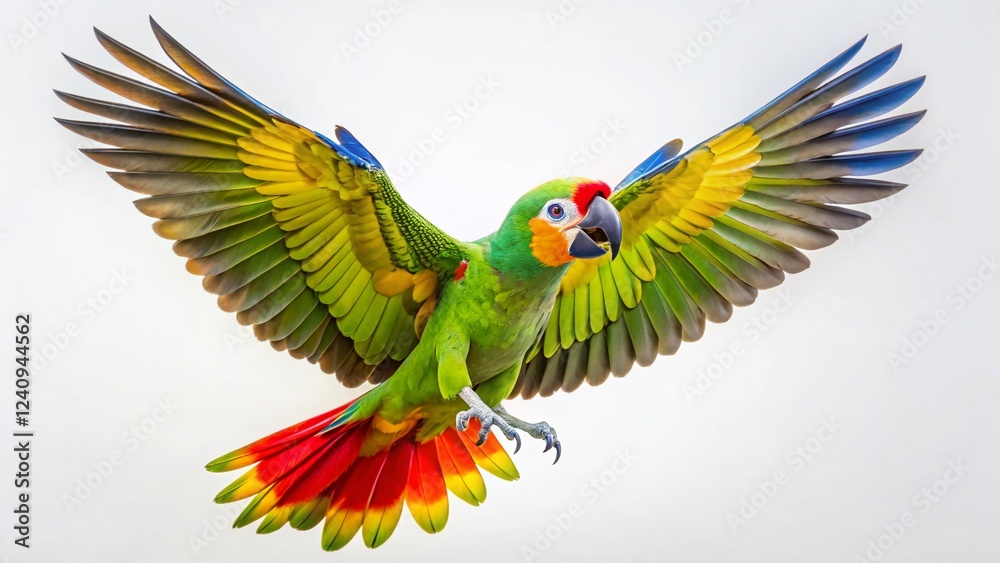 Fototapeta premium Amazon Parrot Aerial Flight White Background Stock Photo
