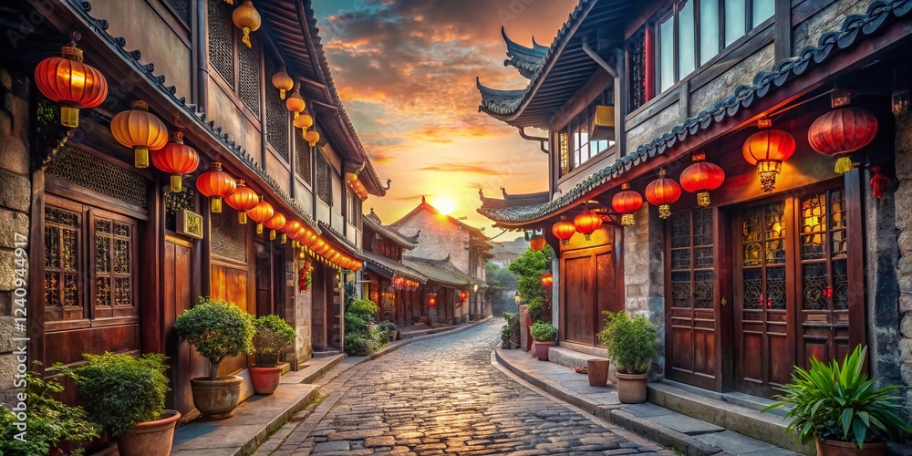 Ancient Chinese City Street - Traditional Architecture, Cobblestone Lane, Old Town, Asian Cityscape Ancient Chinese City Street - Traditional Architecture, Cobblestone Lane, Old Town, Asian Cityscape