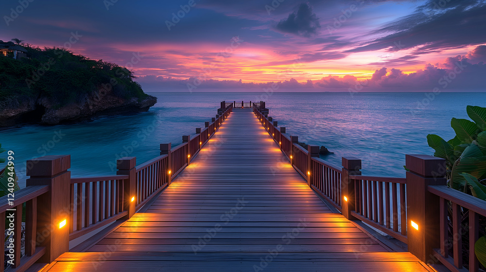 Fototapeta premium Scenic Ocean Pier Sunset Tropical Beach Landscape, Calm Wood Water, Serene Summer Night.