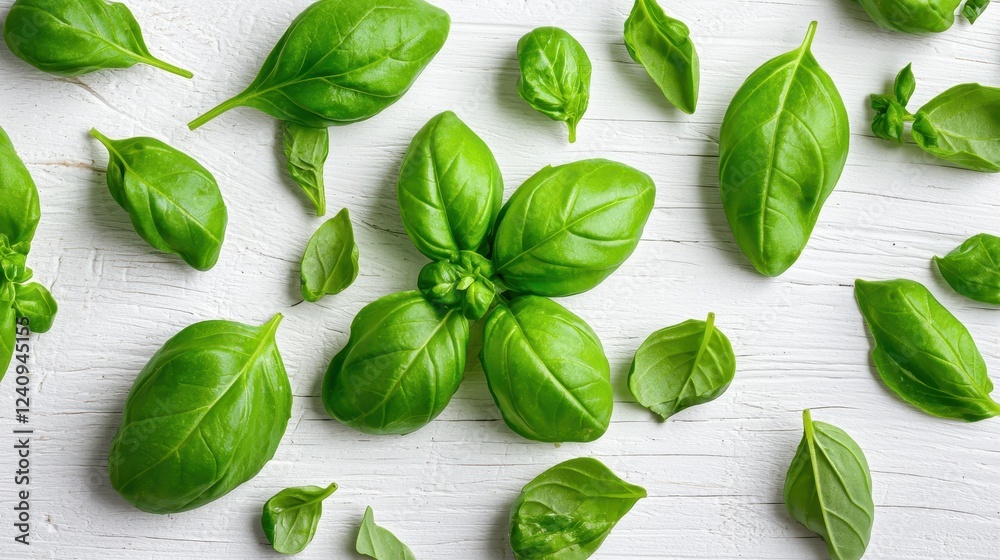 Obraz premium Fresh Green Basil Leaves Spread on White Wooden Surface for Culinary and Health Uses