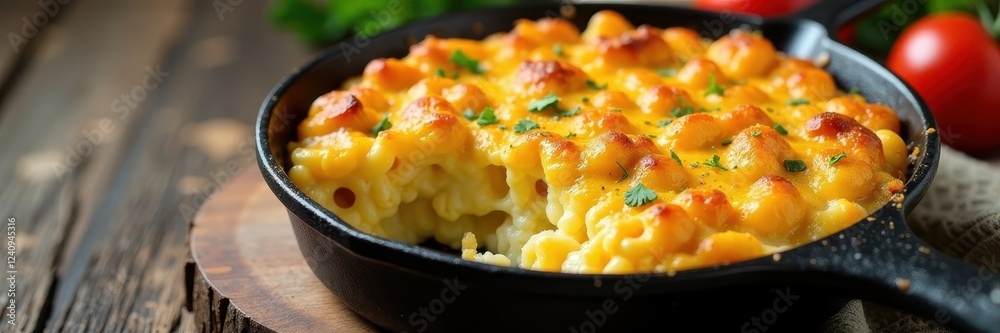Baked mac and cheese casserole in a cast iron skillet on a wooden surface , wooden table, detail Baked mac and cheese casserole in a cast iron skillet on a wooden surface , wooden table, detail