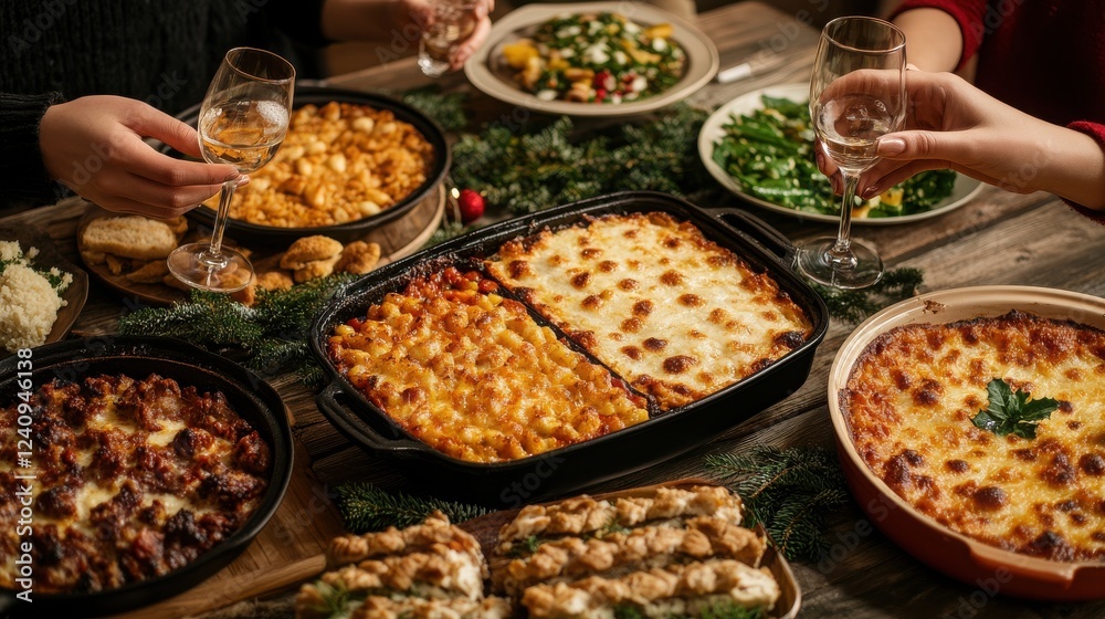 Fototapeta premium A festive dining table laden with delicious dishes, showcasing a variety of cuisines and flavors, perfect for gatherings.