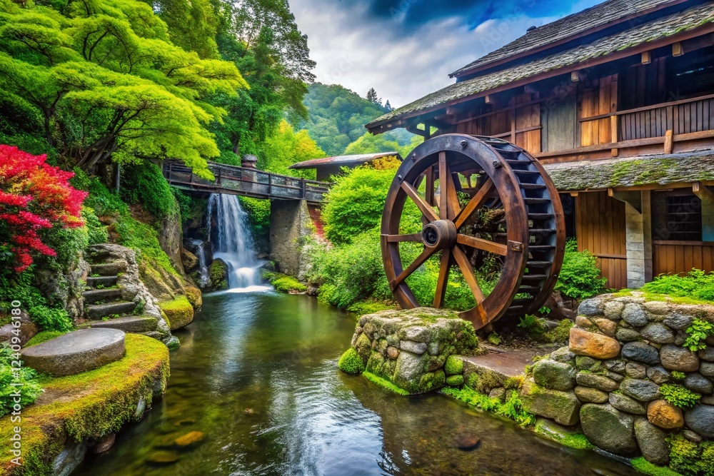 Ancient Water Wheel in Niiza City, Japan - Traditional Irrigation System Ancient Water Wheel in Niiza City, Japan - Traditional Irrigation System