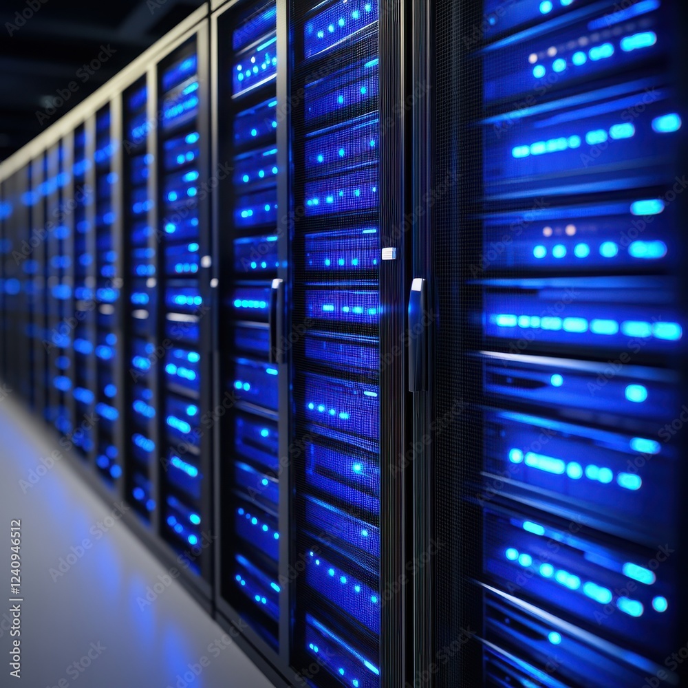 A modern data center with rows of server racks illuminated by blue lights, showcasing advanced technology and infrastructure. A modern data center with rows of server racks illuminated by blue lights, showcasing advanced technology and infrastructure.