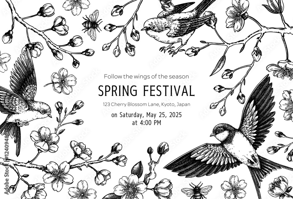 Fototapeta Hand-drawn spring background. Cherry blossom rococo frame design. Sakura flower, flying bird sketch illustration. NOT AI generated