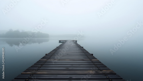Lonely wooden pier extending into a foggy lake