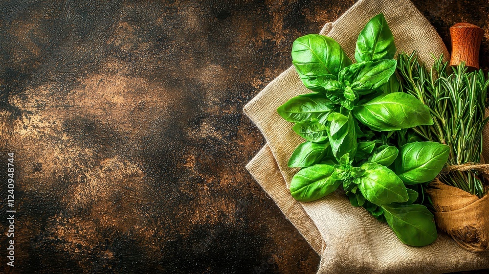 Fresh Green Basil and Rosemary Herbs on Rustic Wooden Texture with Natural Background Fresh Green Basil and Rosemary Herbs on Rustic Wooden Texture with Natural Background