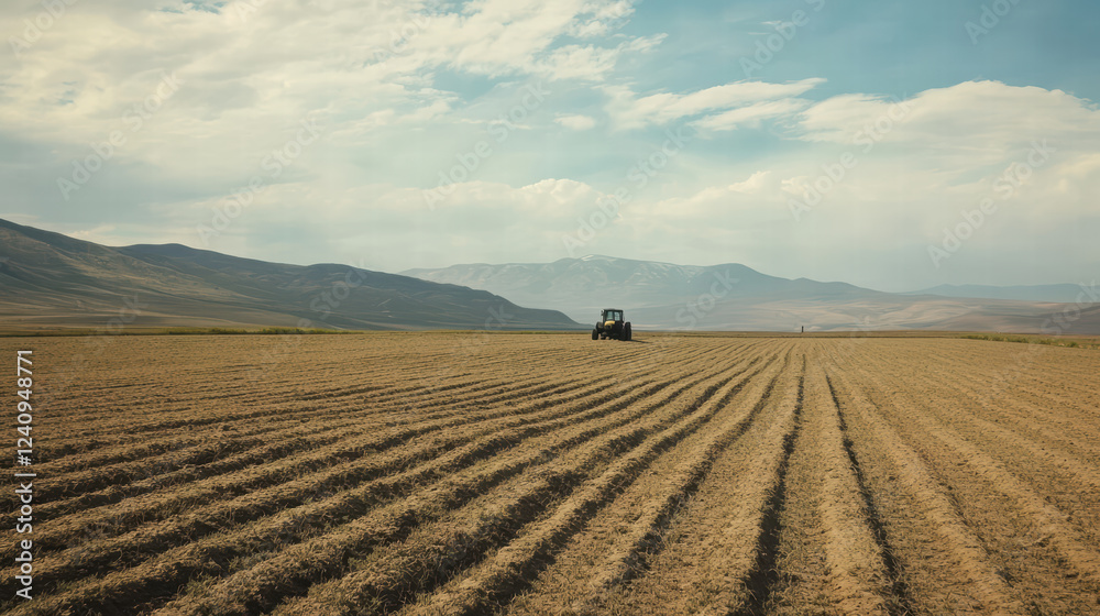 tractor working in vast potato field under blue sky with clouds. landscape features rolling hills and freshly plowed rows of earth, showcasing agricultural activity tractor working in vast potato field under blue sky with clouds. landscape features rolling hills and freshly plowed rows of earth, showcasing agricultural activity