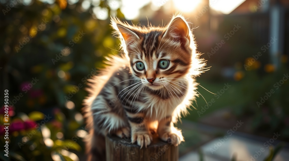 Obraz premium Cute kitten, fluffy tabby cat, wooden fence post, golden hour sunlight, bokeh background, soft focus, shallow depth of field