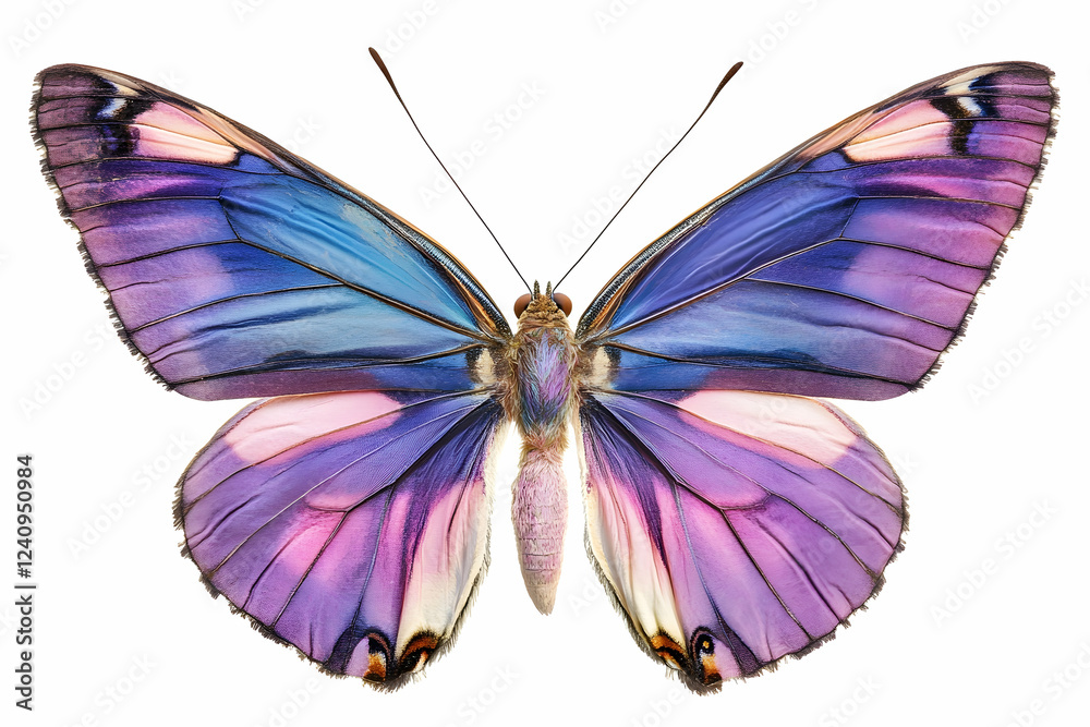 Obraz premium Vibrant purple and blue butterfly isolated on a white background, flying with open wings, a cutout for design or print. A purple and pink butterfly.