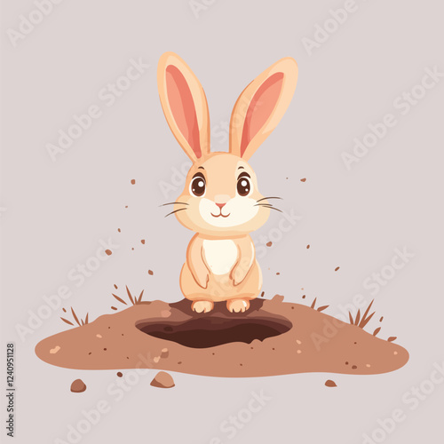 Cute Rabbit Hiding and Peeking from Ground Holes Cartoon Vector Illustration