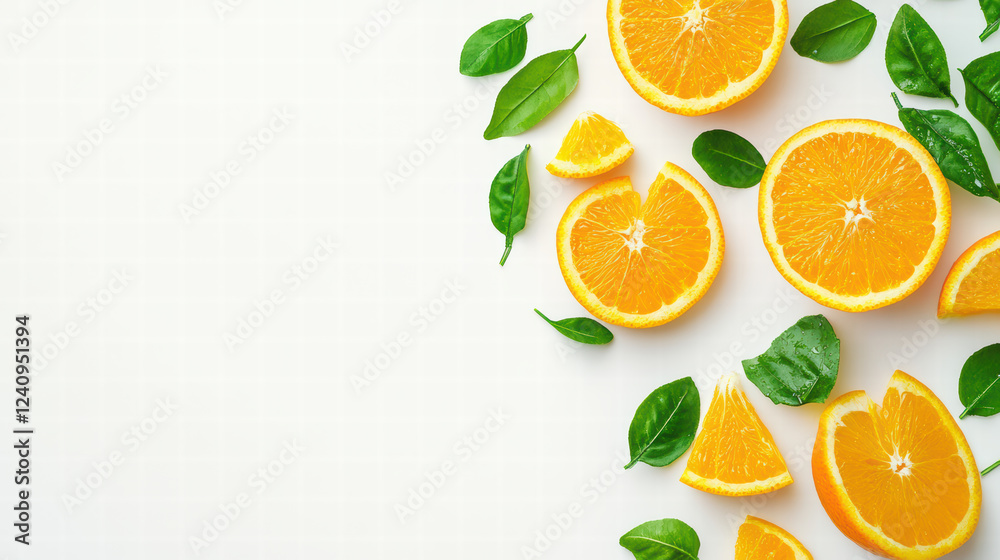 Fresh orange slices and green leaves arranged on light background, creating vibrant and refreshing composition perfect for healthy eating themes Fresh orange slices and green leaves arranged on light background, creating vibrant and refreshing composition perfect for healthy eating themes
