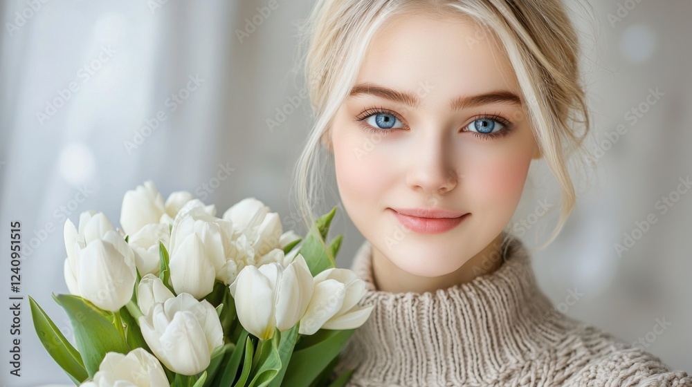 A dreamy portrait of a Slavic blonde with icy blue eyes, holding a bouquet of delicate white tulips A dreamy portrait of a Slavic blonde with icy blue eyes, holding a bouquet of delicate white tulips