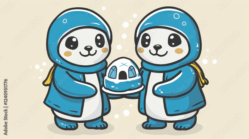 Cute Characters Wearing Blue Hooded Shirts on White Background Holding Ice Dome Design Cute Characters Wearing Blue Hooded Shirts on White Background Holding Ice Dome Design
