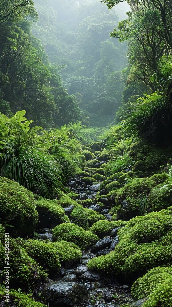 Naklejka premium HD Phone Wallpaper Lush Green Rainforest Landscape Mossy Creek Tropical Plants Tranquil Nature Scene