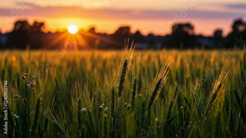 Close-up view of wheat swaying gently in the wind as the sun's rays glisten on the horizon at sunset