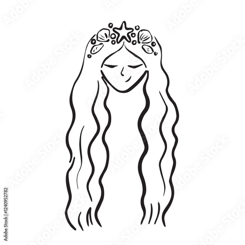 whimsical hand drawn illustration of mermaid with shell crown ans long hair. doodle black pen line art sea witch face isolated on transparent background photo