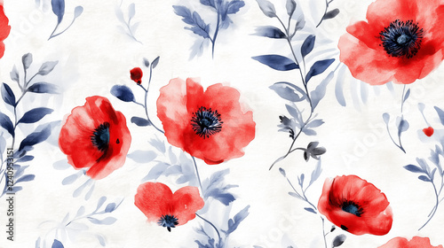 Watercolor seamless floral pattern featuring vibrant red poppies and blue leaves.