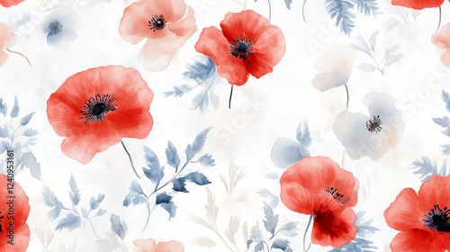 Watercolor seamless floral pattern featuring vibrant red poppies and blue leaves.