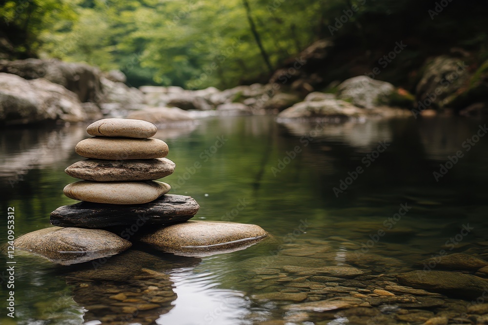 ** Serene River Scene with Balanced Stone Stack in Lush Forest Setting, Perfect for Meditation and Nature Enthusiasts..** ** Serene River Scene with Balanced Stone Stack in Lush Forest Setting, Perfect for Meditation and Nature Enthusiasts..**