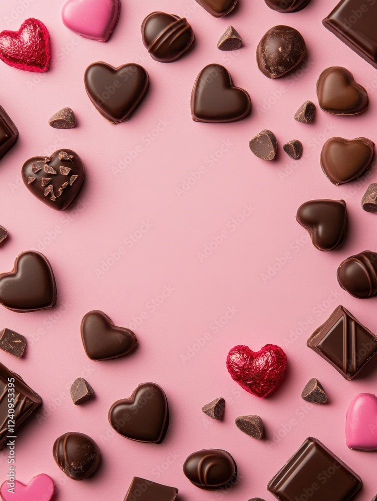 Fototapeta premium A Symphony of Hearts: A Delightful Collection of Exquisite Chocolate Hearts, Beautifully Displayed on a Pastel Pink Surface, Creating a Scene of Pure Romance and Sweet Indulgence