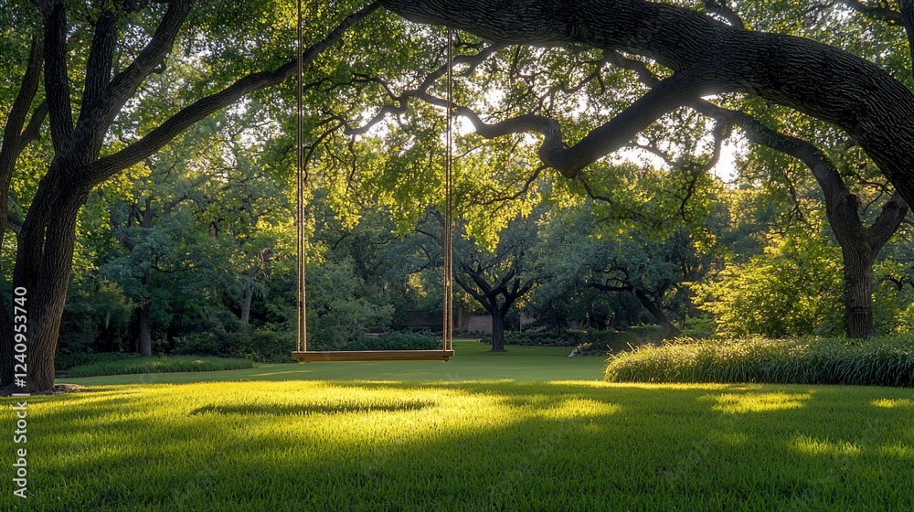 Fototapeta premium Tranquil garden swing at sunrise, sunlit lawn, peaceful trees. Use Relaxation, nature