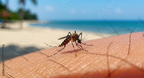 Close-up of mosquito on skin at sunny beach background