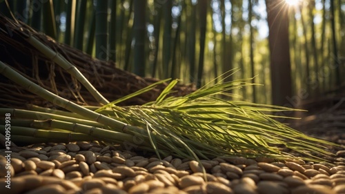 Lush green grass laid on a bed of seeds in a serene bamboo forest during sunset