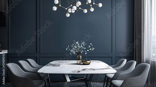 Elegant dining room with dark blue walls, marble dining table, grey chairs, and minimalist chandelier in urban loft