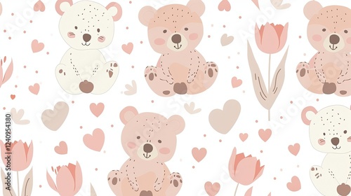 Cute teddy bear pattern, in pastel pink and cream colors, with hearts and tulip doodles on a white background