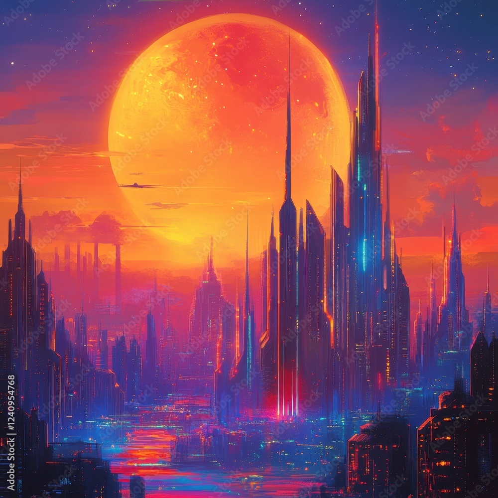 Fototapeta premium Futuristic Cityscape Underneath a Giant Orange Planet