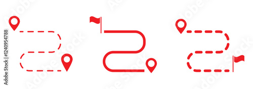 Dot line path route travel banner illustration with location map pin icon. Route location icon two pin sign and dotted line.