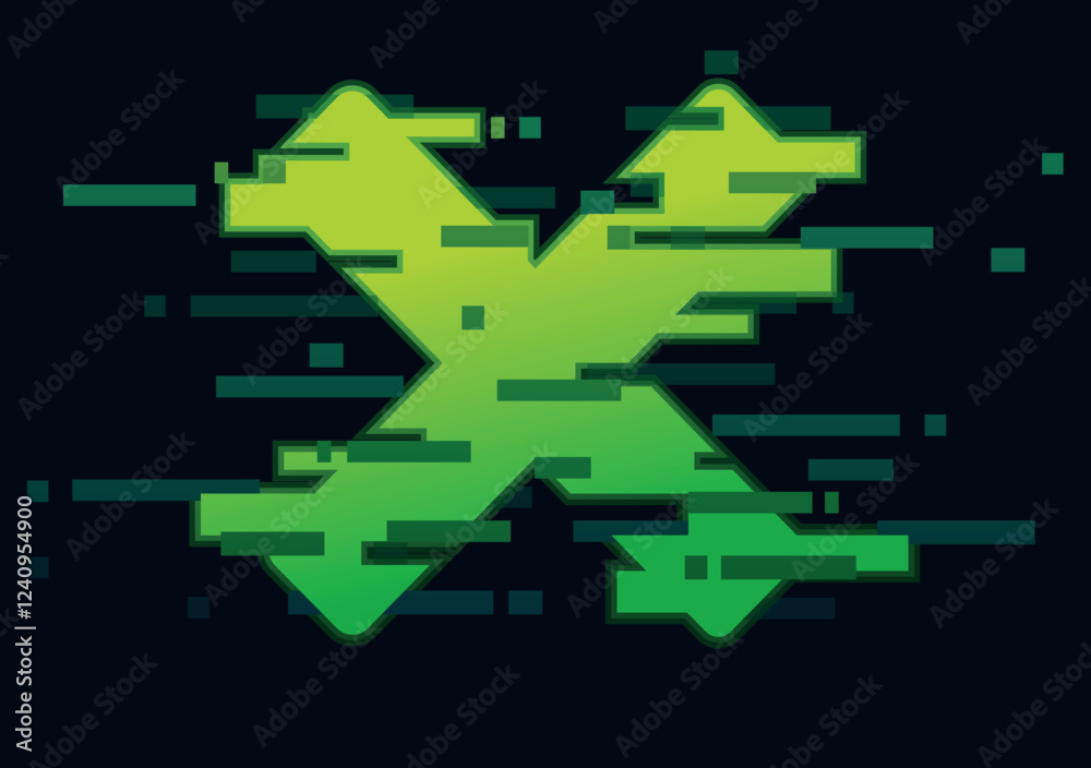 Obraz premium Glitchy neon green 'X' symbol, representing digital error, hacking, cyberpunk aesthetics, and futuristic tech