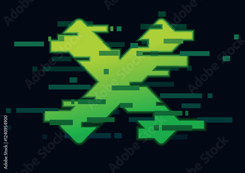 Glitchy neon green 'X' symbol, representing digital error, hacking, cyberpunk aesthetics, and futuristic tech