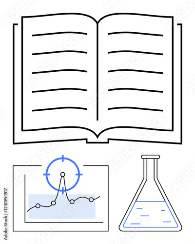 Open book, analytical graph with a target icon, and a scientific flask. Ideal for education, research, data analysis, science, innovation academic study and knowledge. Abstract line flat metaphor