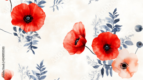 Watercolor seamless floral pattern featuring vibrant red poppies and blue leaves.