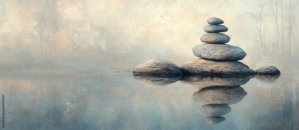 Serene Landscape with Balanced Stones Reflecting in Misty Water at Dawn, Capturing Tranquility and Harmony in Nature's Peaceful Setting Serene Landscape with Balanced Stones Reflecting in Misty Water at Dawn, Capturing Tranquility and Harmony in Nature's Peaceful Setting