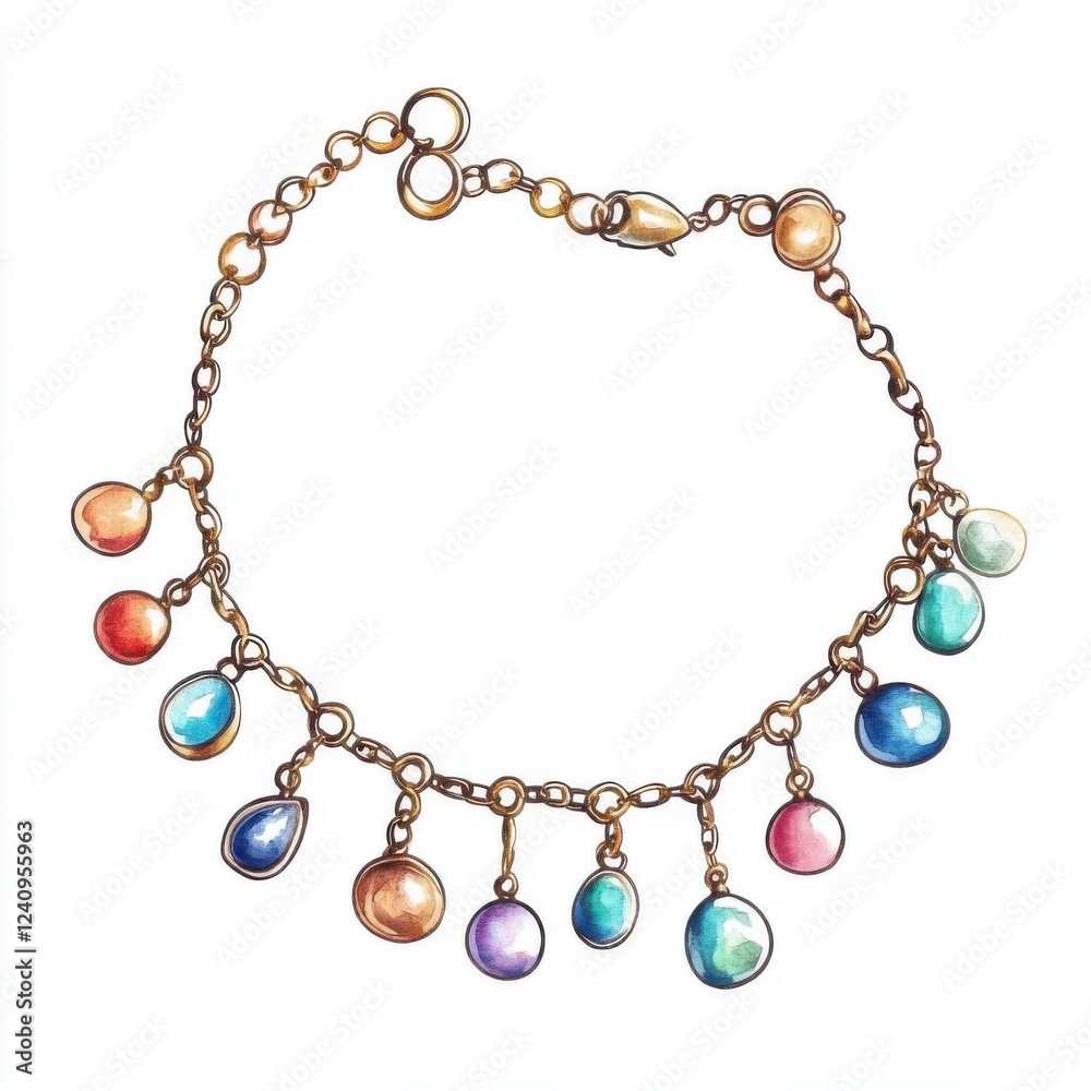 Tiny bracelet with a little charm collection, Watercolor style, isolated on white background, clipart Tiny bracelet with a little charm collection, Watercolor style, isolated on white background, clipart
