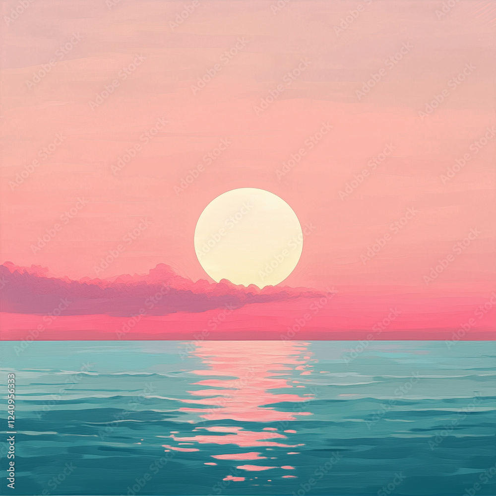 sunset illiustration with pink sky and calm ocean sunset illiustration with pink sky and calm ocean