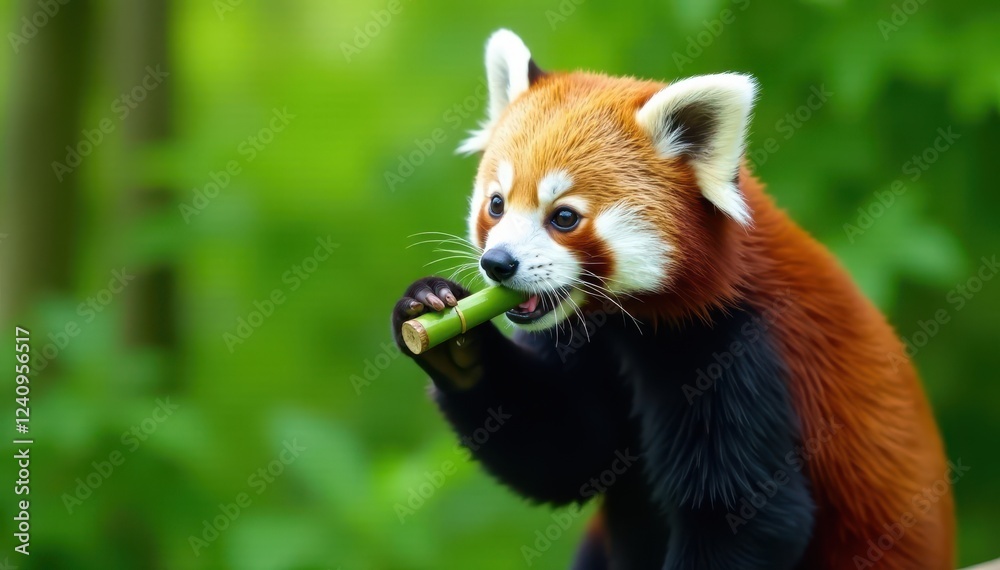 Obraz premium Red panda munching on bamboo shoots, lush green background, wildlife photography, leaves