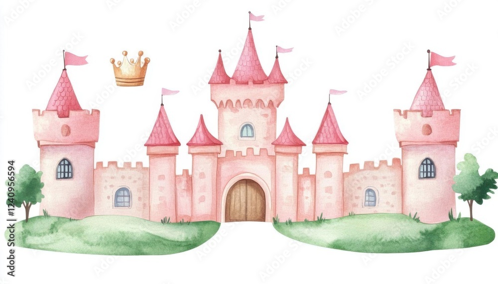 Fototapeta premium Tiny castle with a little princess crown collection, Watercolor style, isolated on white background, clipart