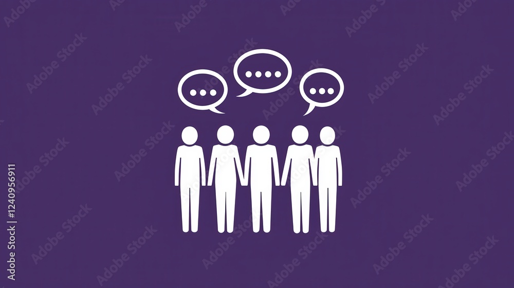 Simple White Figures on Purple Background with Speech Bubbles Representing Communication in Modern Design Simple White Figures on Purple Background with Speech Bubbles Representing Communication in Modern Design