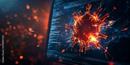 Close-up of a digital virus on a computer screen, symbolizing cybersecurity threats.