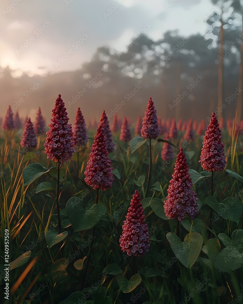 A stunning field of vibrant pink flowers reaches for the misty sky, set against a serene landscape illuminated by soft morning light, creating a tranquil and enchanting atmosphere. A stunning field of vibrant pink flowers reaches for the misty sky, set against a serene landscape illuminated by soft morning light, creating a tranquil and enchanting atmosphere.