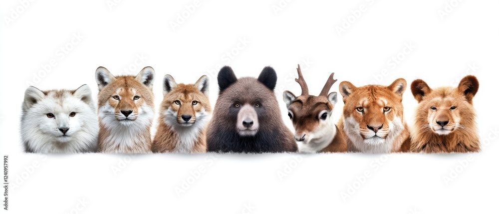 Obraz premium Group of Wild Animals Portraits in a Row on White Background