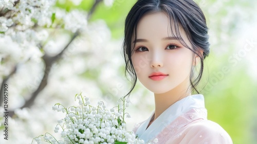 A soft and elegant portrait of an Asian woman with silky black hair, gently holding a bouquet of delicate white lilies of the valley photo