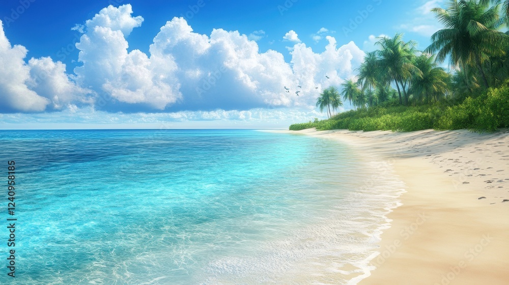 Idyllic Tropical Beach Scene With Palm Trees And Blue Ocean Idyllic Tropical Beach Scene With Palm Trees And Blue Ocean