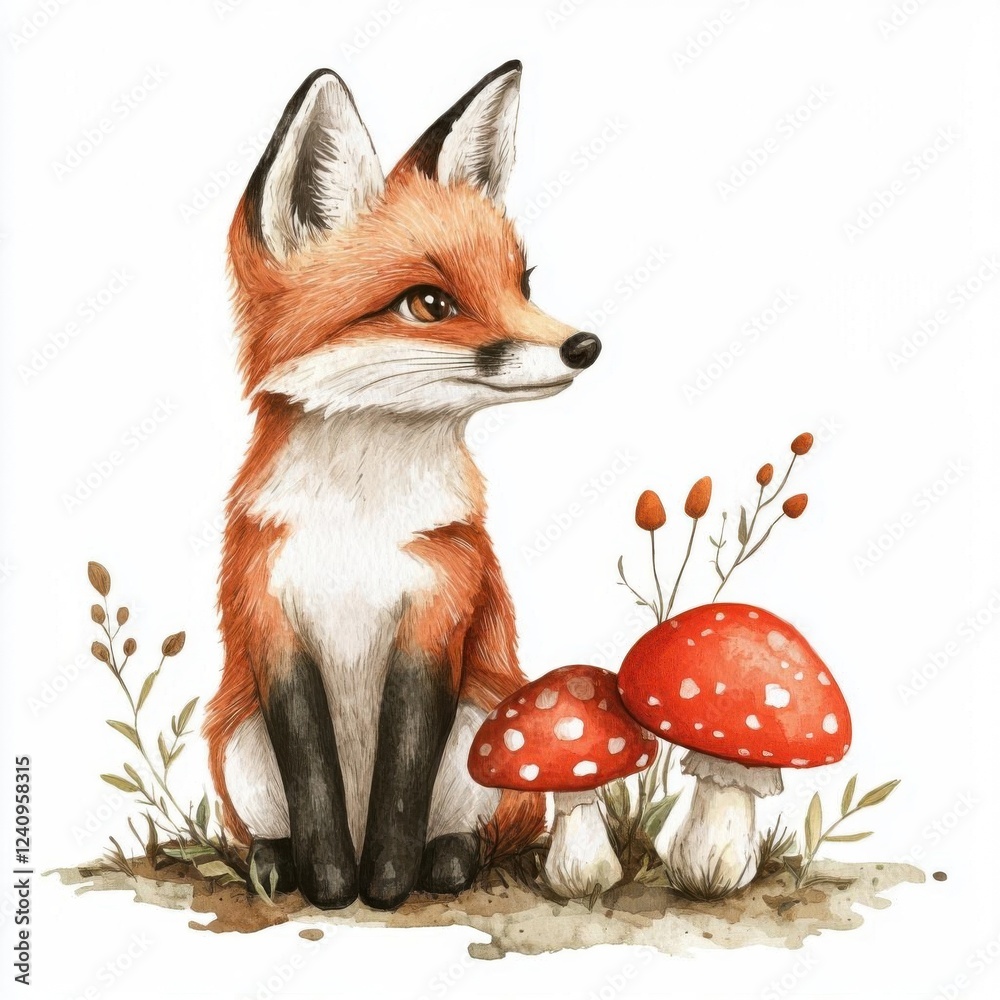 Obraz premium Tiny fox with a little mushroom collection, Watercolor style, isolated on white background, clipart