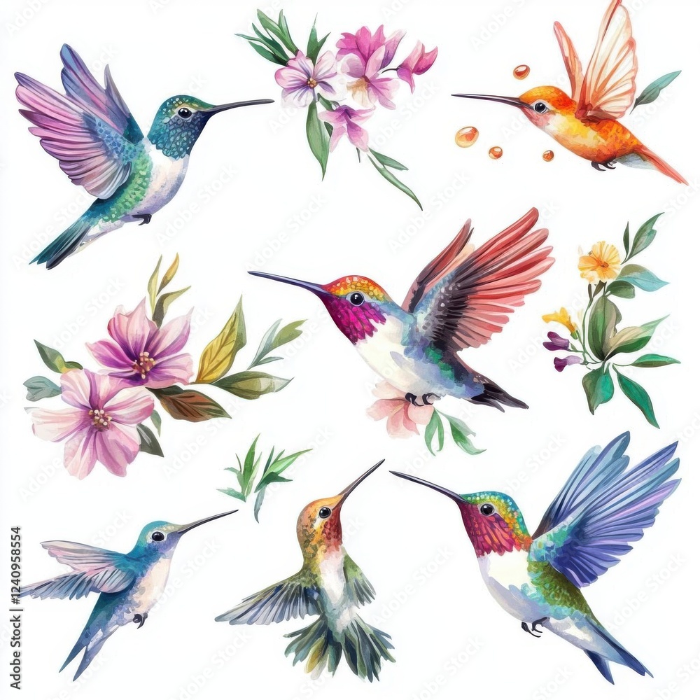 Obraz premium Tiny hummingbird with a little nectar droplet collection, Watercolor style, isolated on white background, clipart