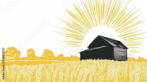 Vivid Sunrise Logo Design Featuring Black Barn with Radiating Yellow Sunlight on White Background photo